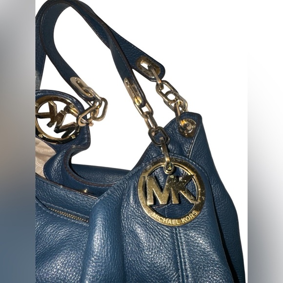Michael Kors Large Fulton Triple Compartment Hobo Shoulder Bag Navy Leather Gold - Picture 6 of 16